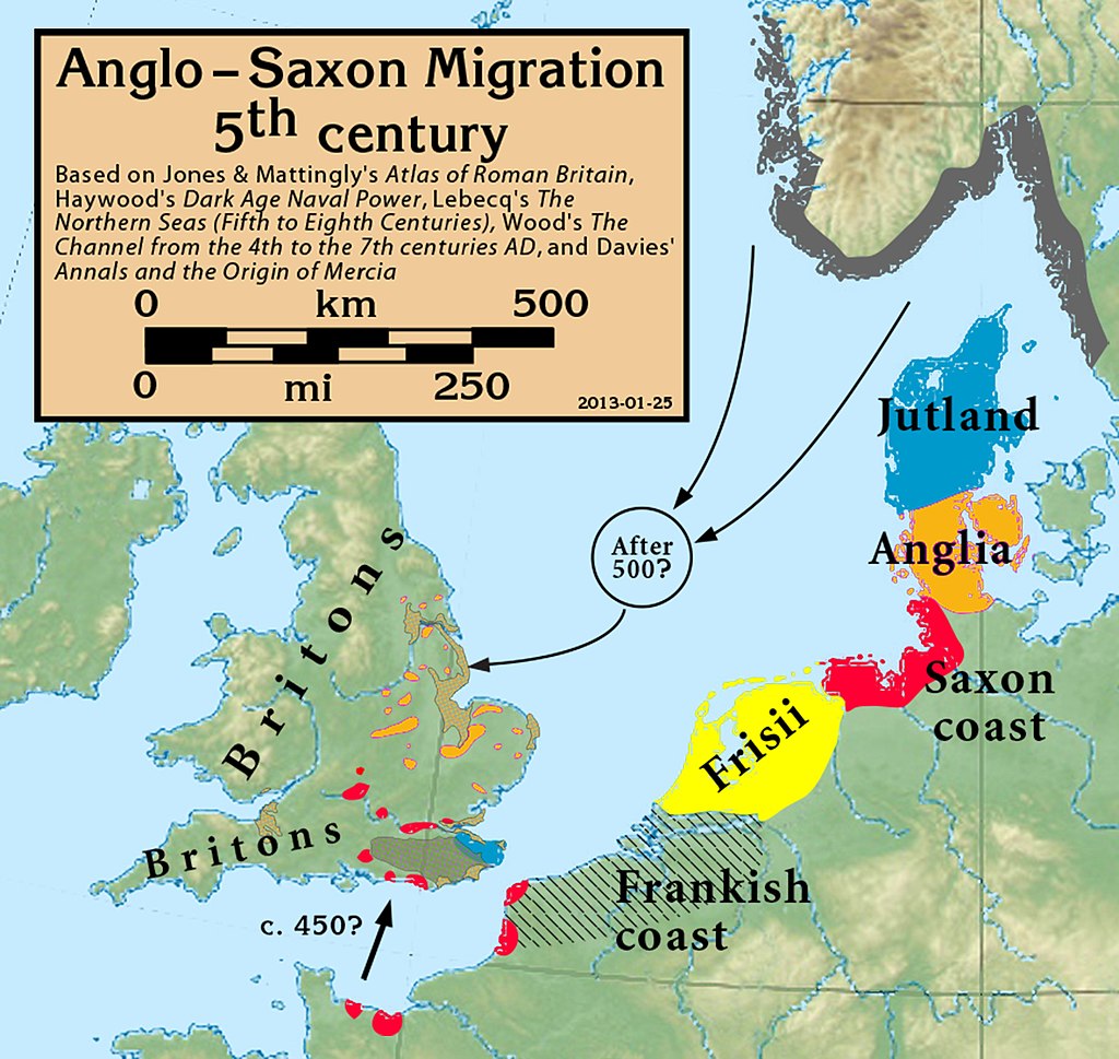 根據比德（於事件發生的300年後寫成）記載的五世紀遷徙模擬路徑。