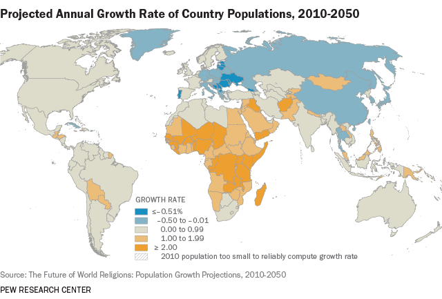 皮尤研究中心預測至2050年時，全球宗教人口的增長比率。