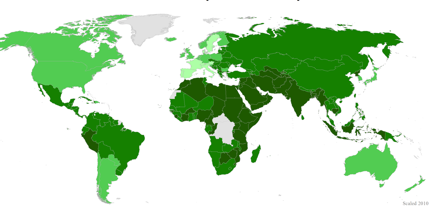 2010年全球女性身體安全數據：顏色越深，代表該國女性越缺乏身體保障。