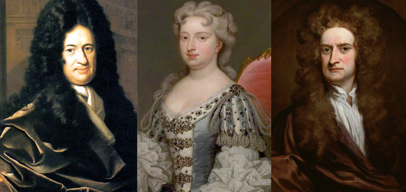卡羅琳與兩位微積分的發明者都有所聯繫。肖像由左至右分別是：萊布尼茲、卡羅琳和牛頓。