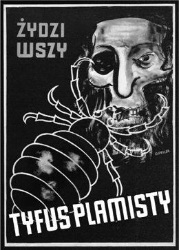 波蘭反猶主義宣傳海報，上頭連結了猶太人面孔與虱子。