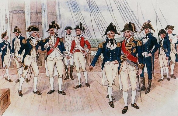 英國皇家海軍的制服。左邊是1787至1795年的款式，右邊是1795至1812年的款式。