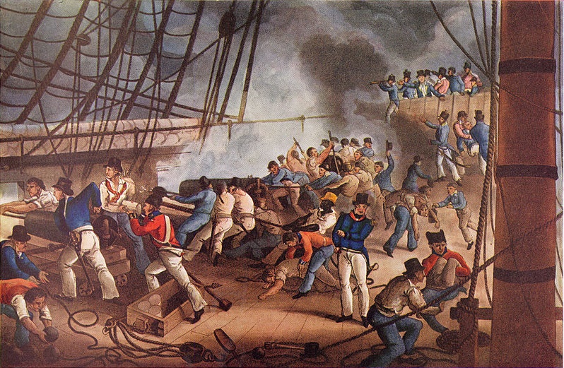 木藍製成的染料耐曬性特別好，比其他顏色更能承受太陽與海水的曝曬和侵蝕。圖為1816年轟擊阿爾及爾的英國皇家海軍。