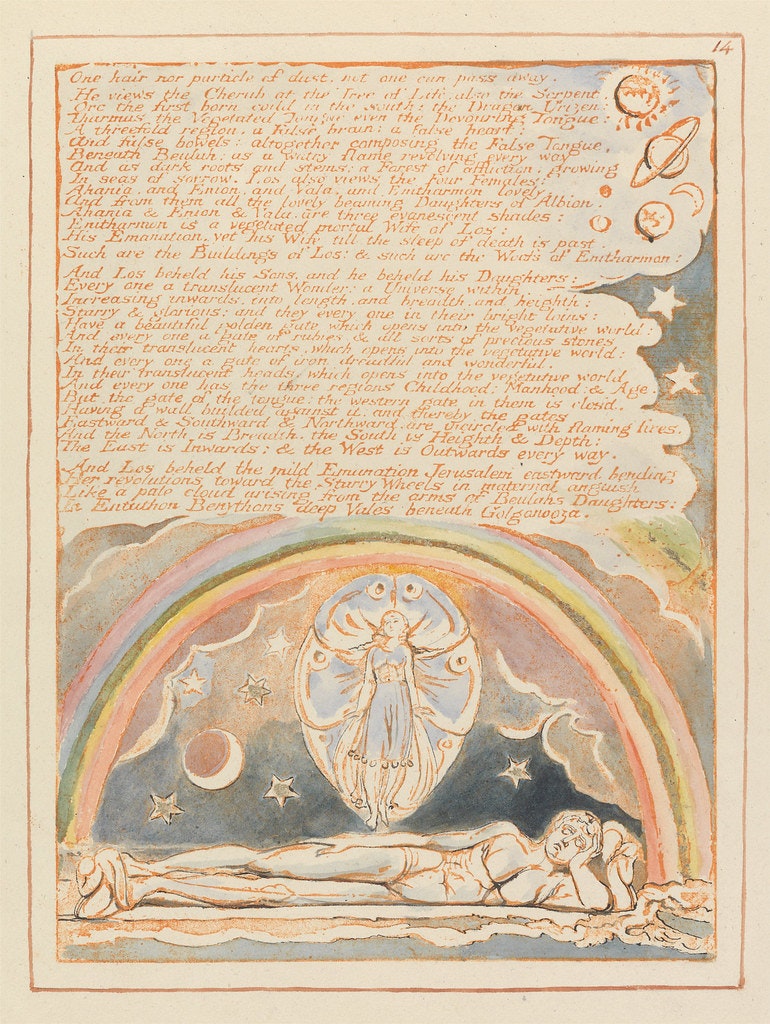 威廉‧布萊克（William Blake）詩集《Jerusalem，1804年－1820年》的彩虹插圖。