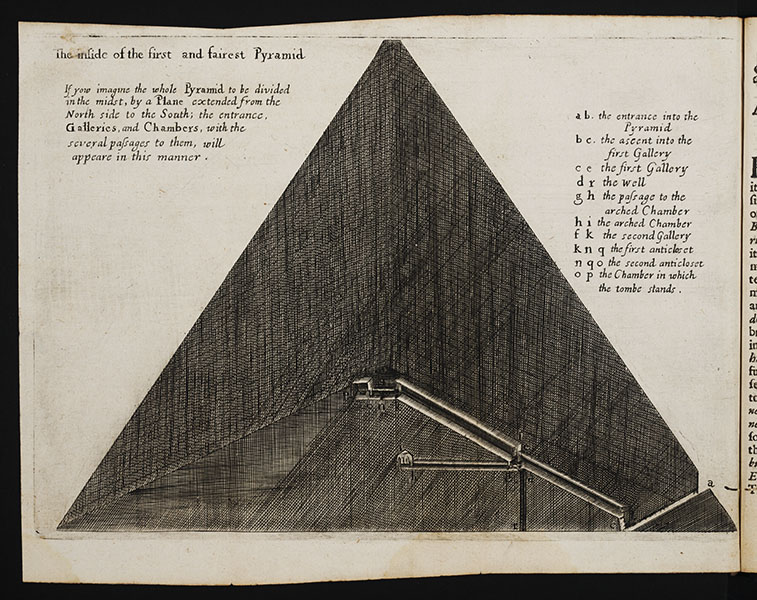 英國天文學家格雷夫斯（John Greaves）繪製的大金字塔，他曾親自旅行至埃及，牛頓認為格雷夫斯是丈量金字塔的權威。