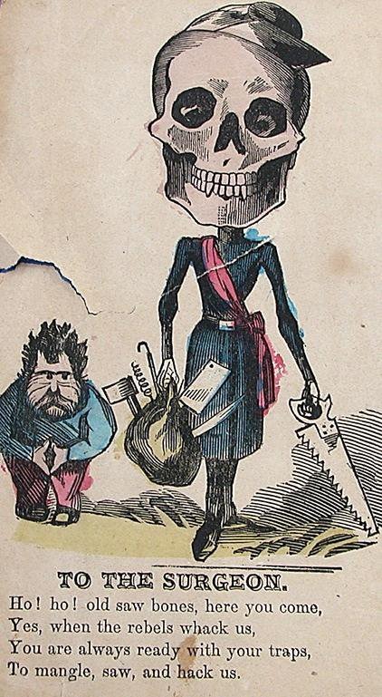 一張罕見的 1860 年代侮辱卡片，攻擊對象是外科醫生，描繪一名醫生造訪南北戰爭戰場的畫面。