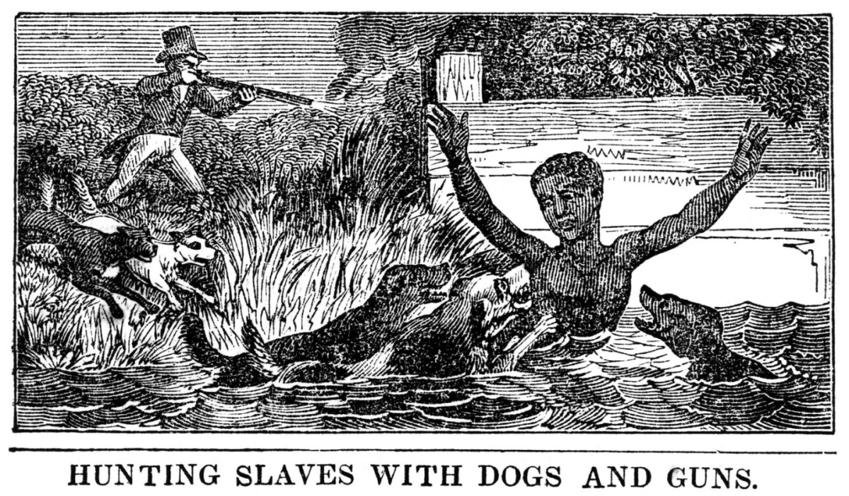 1840年的圖畫，上面寫著「用狗和槍追捕奴隸」。