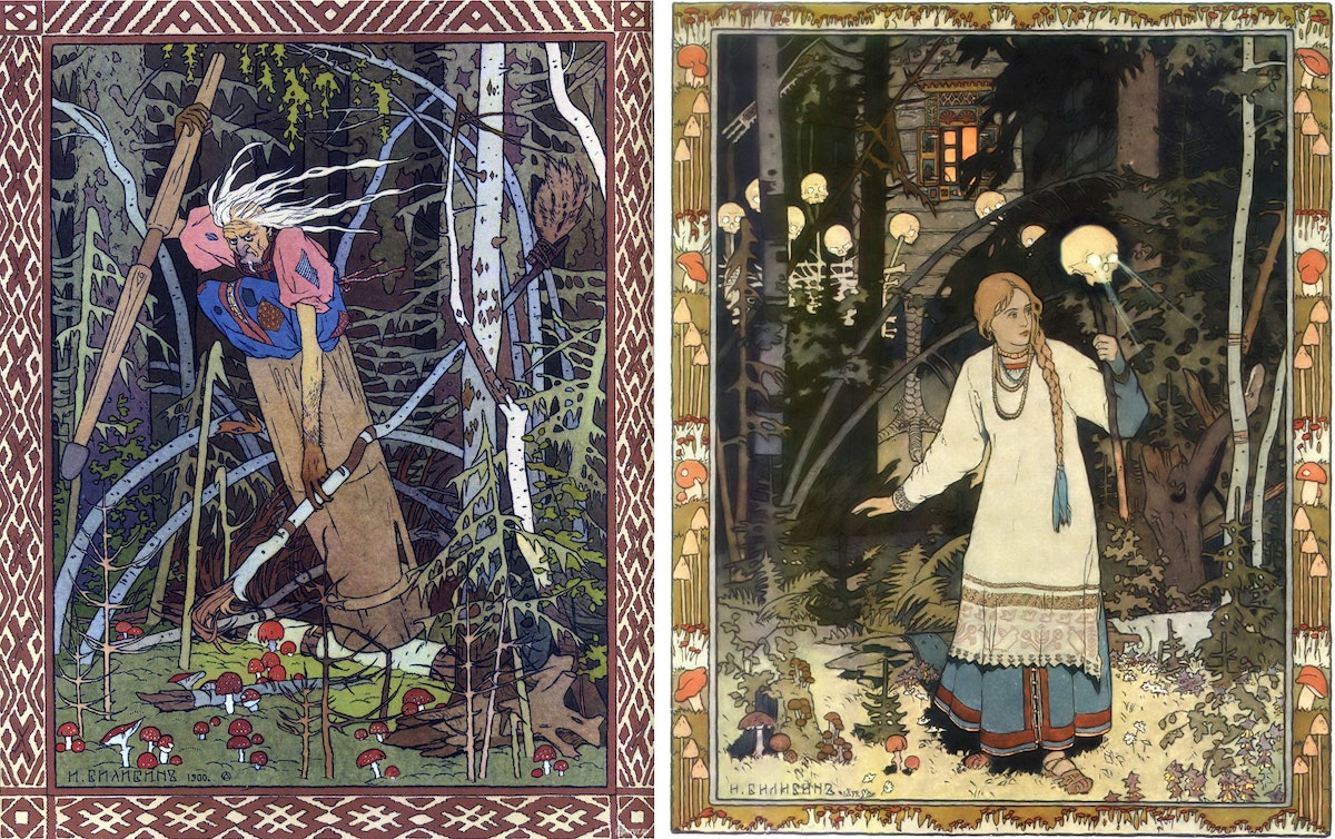 Ivan Bilibin為1899年版的俄羅斯童話《Vasilisa the Beautiful》繪製的插圖。 左圖是專吃小孩的女巫芭芭雅嘎（Baba Yaga），地上散落著毒蠅傘；右圖則是女主角瓦西麗莎在芭芭雅嘎的小屋外。插圖周圍裝飾著半裸蓋菇和毒蠅傘。