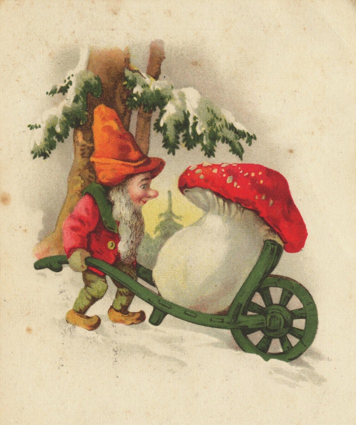 運送毒蠅傘的小矮人，德國新年賀卡，約1900年。