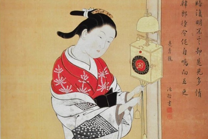 西川祐信繪製的浮世繪，描繪了日本女子與一個日本掛鐘。