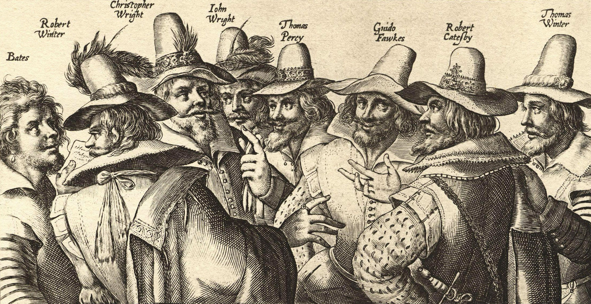 火藥陰謀中13名陰謀者的其中8名，福克斯在右三。由 Crispijn van de Passe創作的當代版畫。