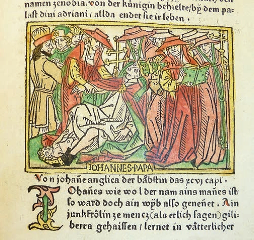 「教皇瓊安」的分娩。木刻畫，出自薄伽丘《名女人傳》（De Mulieribus Claris），海因里希。