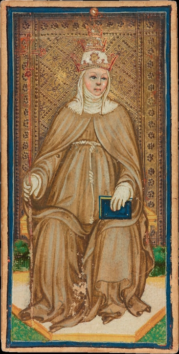 「女教皇」，出自《維斯康提－斯福扎塔羅》，據稱作者為博尼法喬．班波（Bonifacio Bembo），約1450年。這張牌收藏於紐約摩根圖書館（Morgan Library）。
