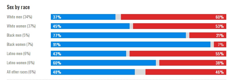 NBC 2024美國總統大選出口民調（二）－性別再加上族裔分類之後。