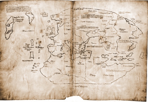 地圖帶給人類的啟發並不僅只是標示位置的功能而已，地圖可以是符號、宣傳物或是烏托邦願景，它們甚至可以是純粹的幻想。圖為具爭議性的文蘭島地圖（Vinland Map）。